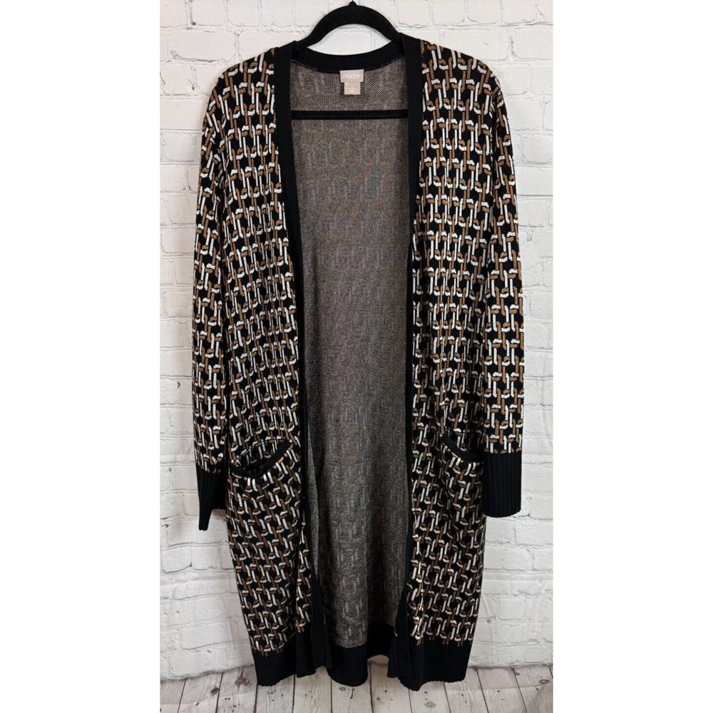 CHICO'S black white beige chain open front knit cardigan sweater size 3 XL